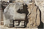 Sphinx, lion, and fish-genius at the west side of the passage way to the cella - K. Kohlmeyer, 2020